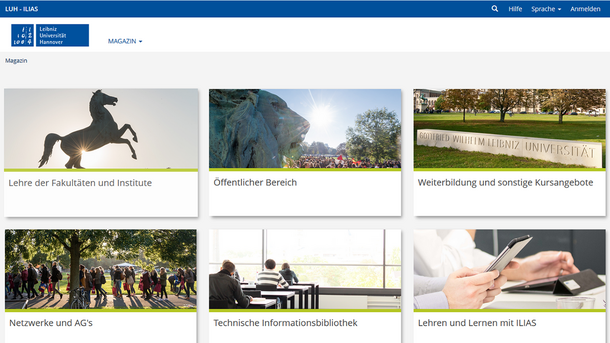 Drei Navigationselemente mit verschiedenen Fotos aus der Leibniz Universität Hannover, die zu verschiedenen Bereichen in ILIAS führen.