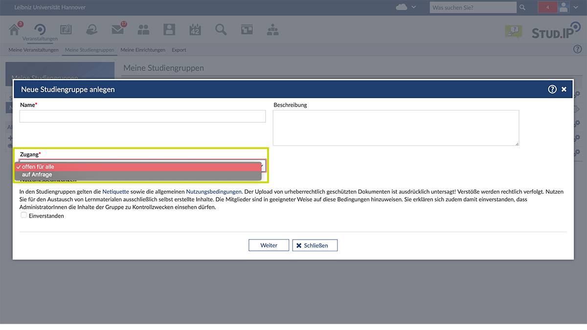 Neue Studiengruppe anlegen (Screenshot Stud.IP)