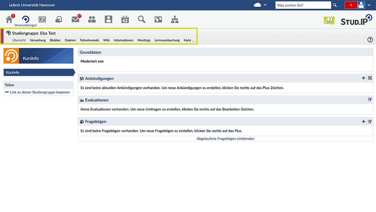 Funktionen einer Studiengruppe (Screenshot Stud.IP)